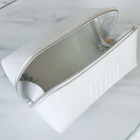 DIOR White Faux Leather Cosmetic Pouch Makeup Bag Case Embossed Logo New - Picture 10 of 16